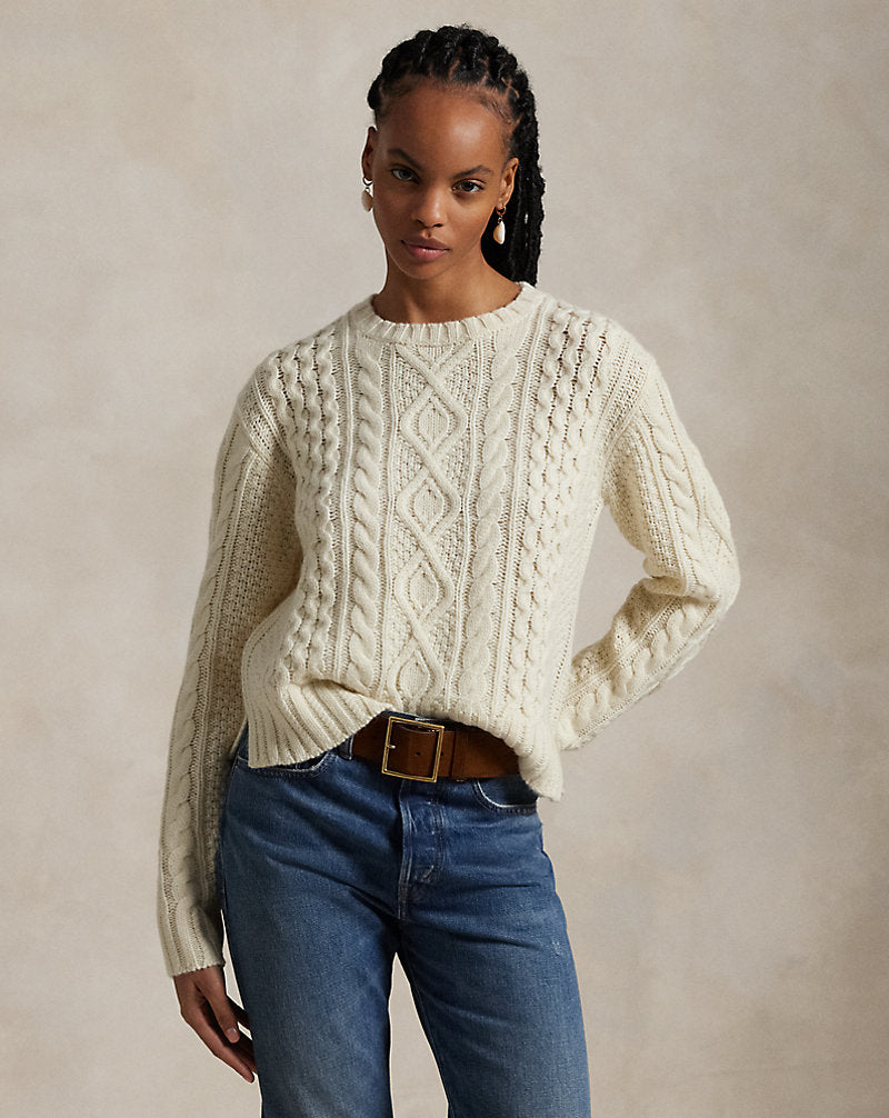 Aran-Knit Wool-Blend Crewneck Sweater