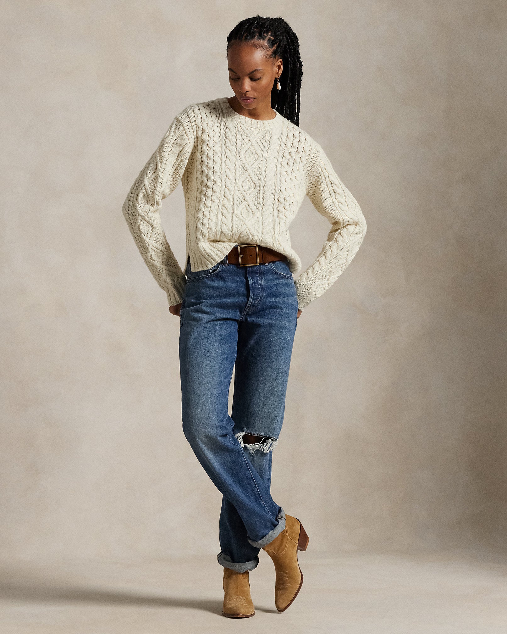 Aran-Knit Wool-Blend Crewneck Sweater
