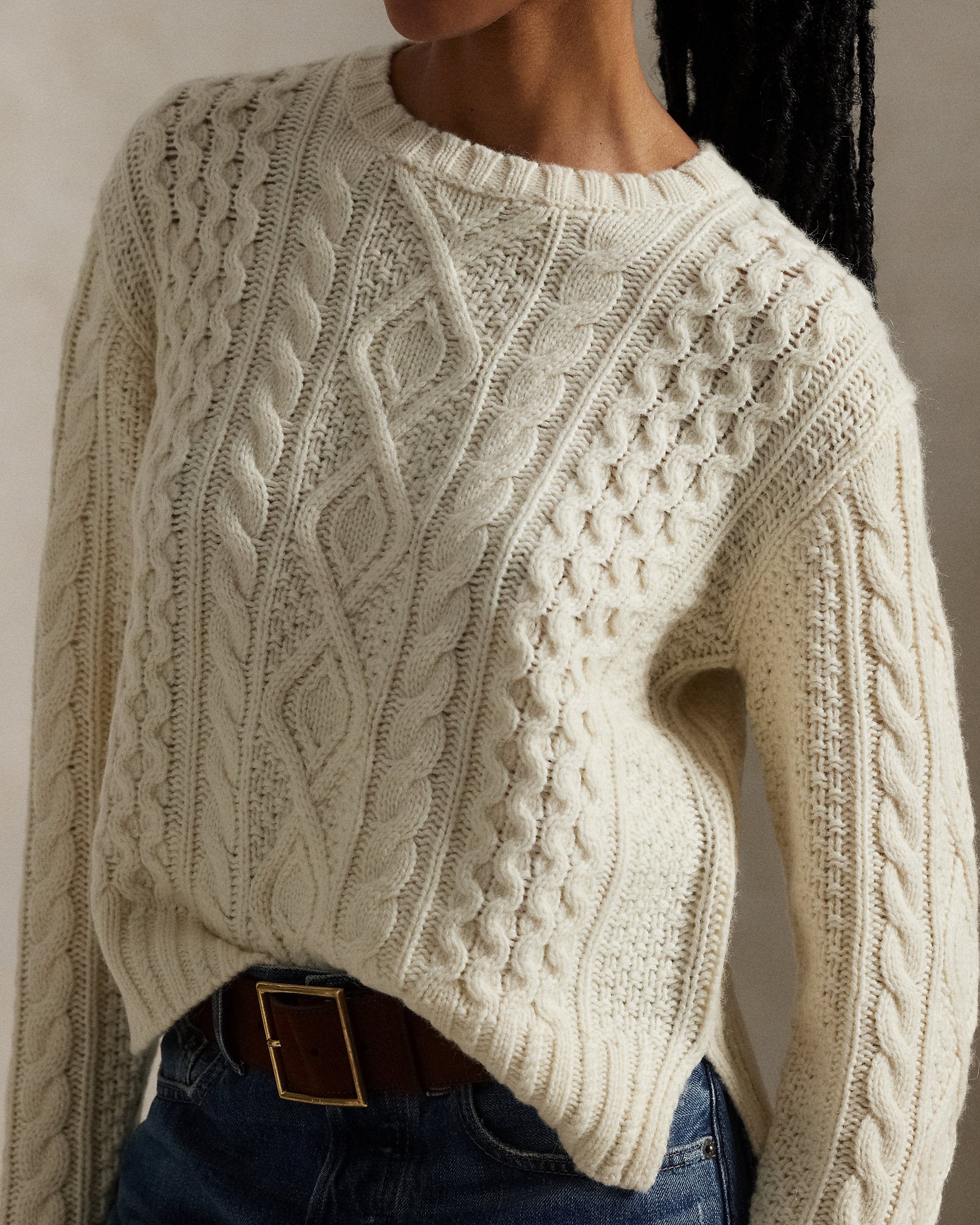 Aran-Knit Wool-Blend Crewneck Sweater